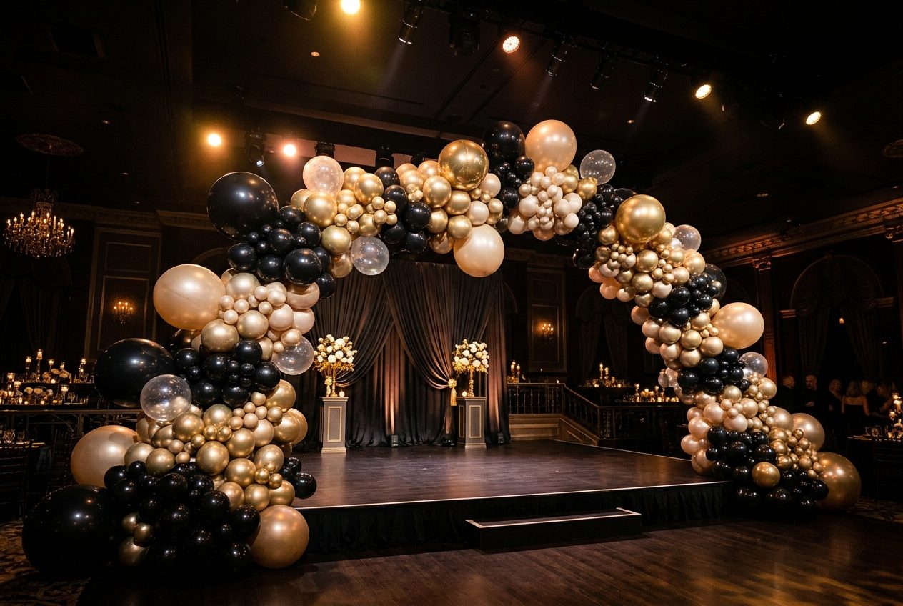 Large organic balloon arch in black, gold and champagne spanning a Phoenix gala stage
