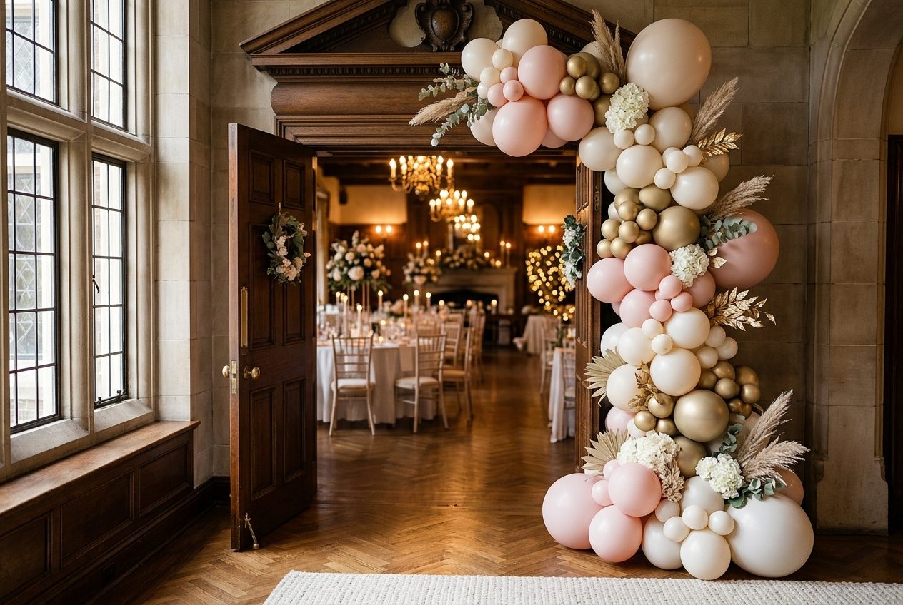 Narrow organic balloon arch in blush, cream and gold framing a Phoenix wedding reception doorway
