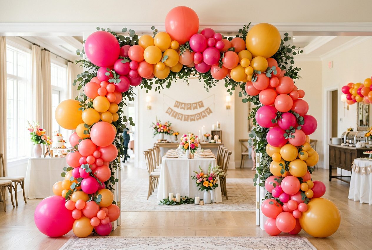 Standard organic balloon arch in vibrant pink, coral, orange and yellow at a Phoenix birthday party