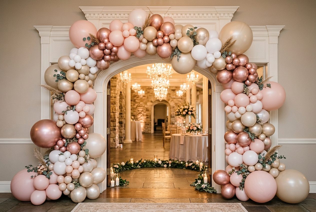 Standard organic balloon arch in blush, rose gold and white framing a wedding reception doorway in Phoenix
