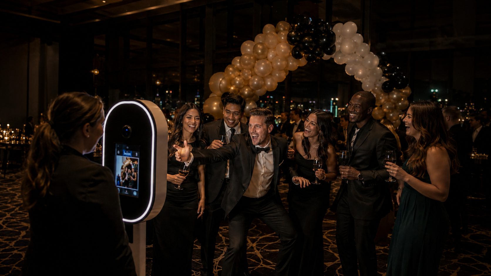 Photo booth rental in Phoenix AZ with guests laughing beneath a gold and black balloon arch at an evening event